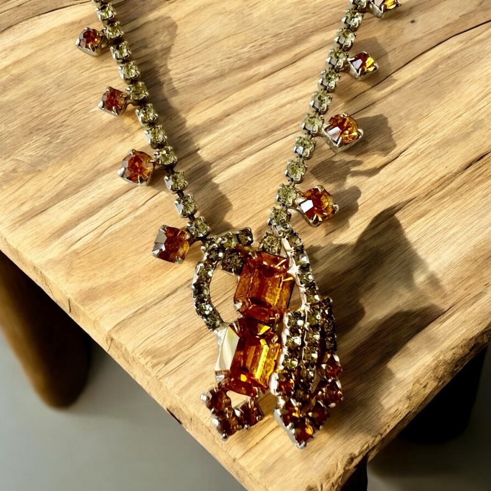 Vintage trifari Golden Amber & clear  Rhinestone Choker Collar Necklace